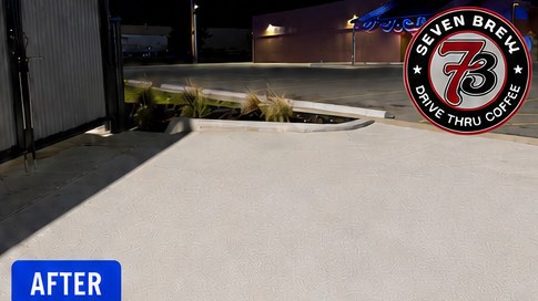 The same drive-thru concrete after hot-water cleaning, washed at night after hours
